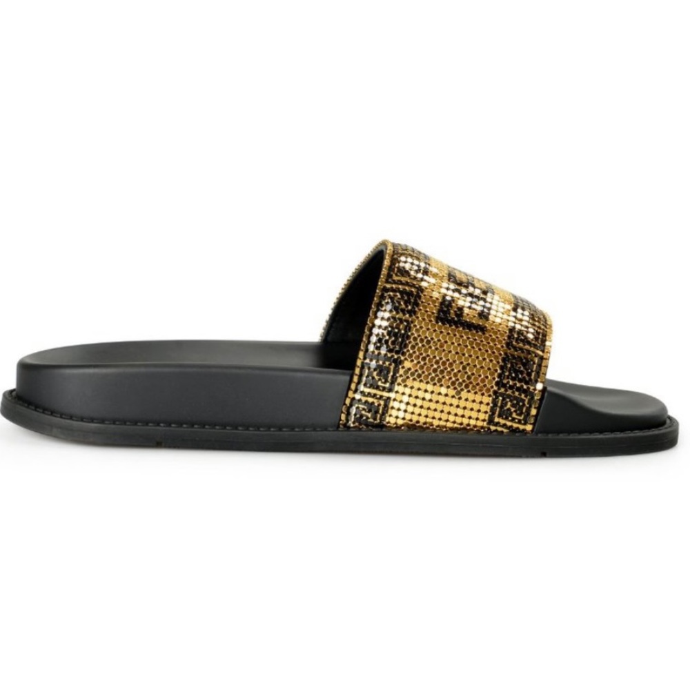 NWT FENDI NIB BLK/GOLD METAL MESH LOGO POOL SLIDES MADE IN ITALY 38EU 7.5 - Picture 10 of 14